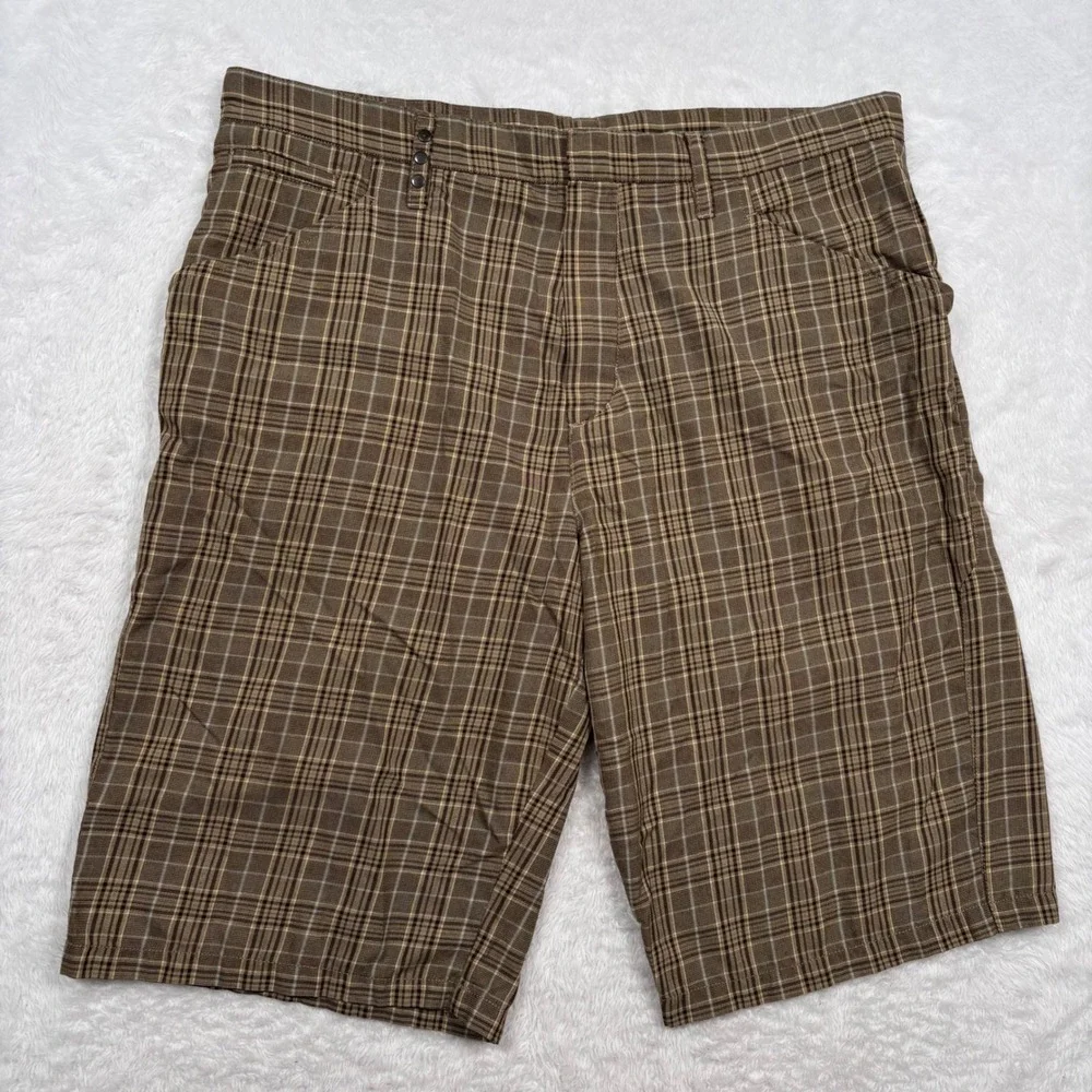 Y2K Hurley Plaid Shorts Men 38‎ Tannish Green Checkered Flat Front Casual Street
